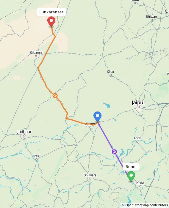 Route map showing distance and travel time from Bundi, India to Lunkaransar, India
