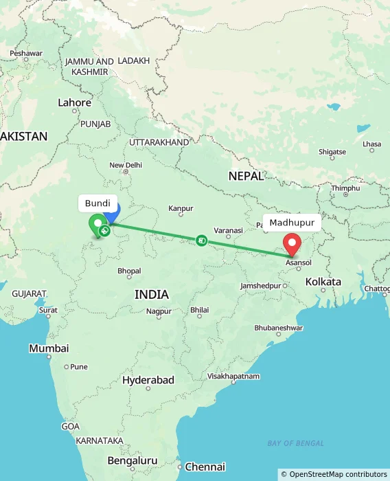Route map showing distance and travel time from Bundi, India to Madhupur, India