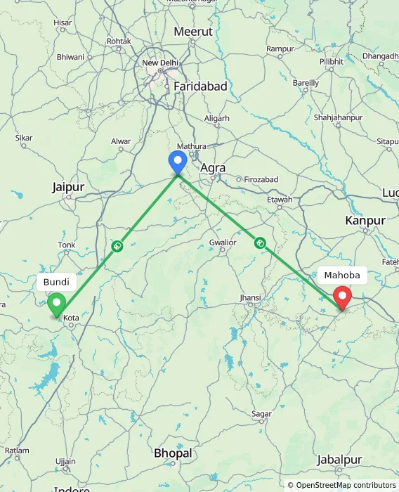 Route map showing distance and travel time from Bundi, India to Mahoba, India