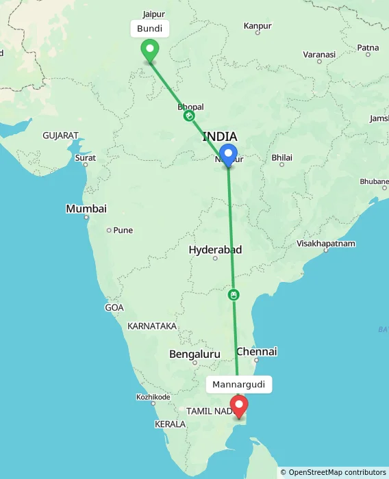 Route map showing distance and travel time from Bundi, India to Mannargudi, India