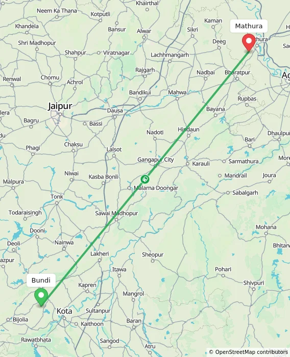 Route map showing distance and travel time from Bundi, India to Mathura, India