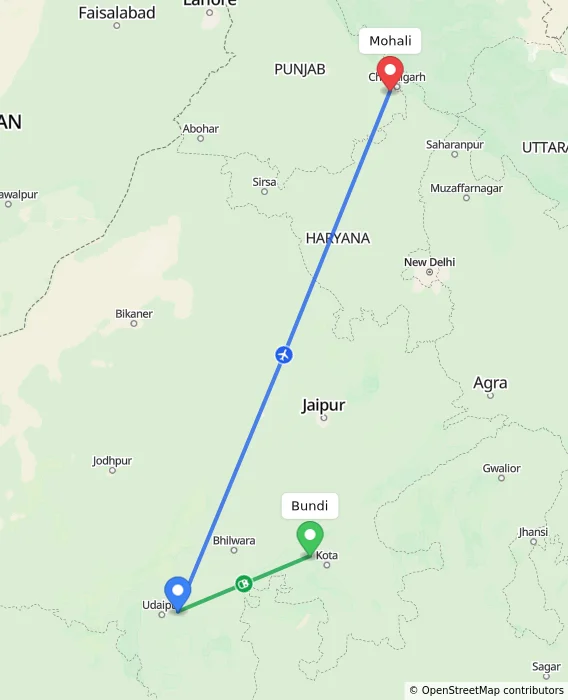 Route map showing distance and travel time from Bundi, India to Mohali, India