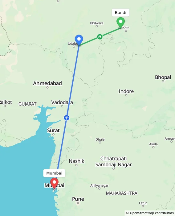 Route map showing distance and travel time from Bundi, India to Mumbai, India