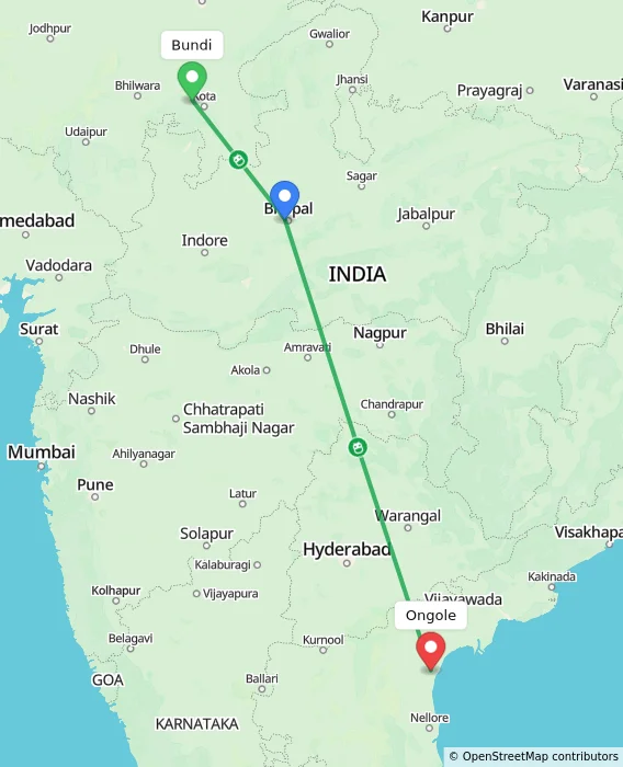 Route map showing distance and travel time from Bundi, India to Ongole, India