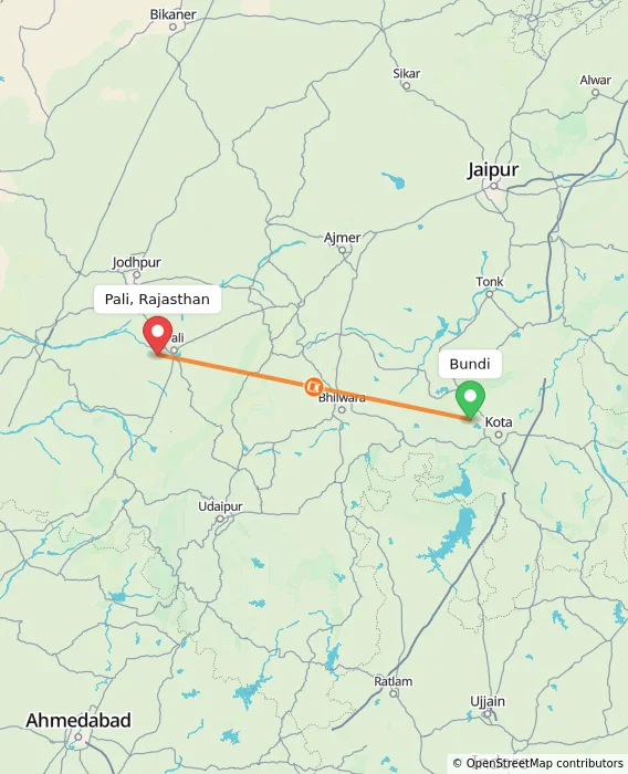 Route map showing distance and travel time from Bundi, India to Pali, Rajasthan, India