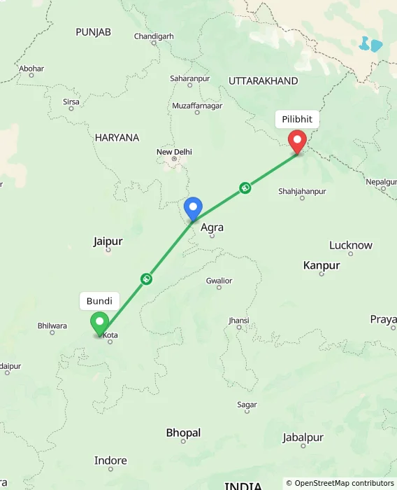 Route map showing distance and travel time from Bundi, India to Pilibhit, India