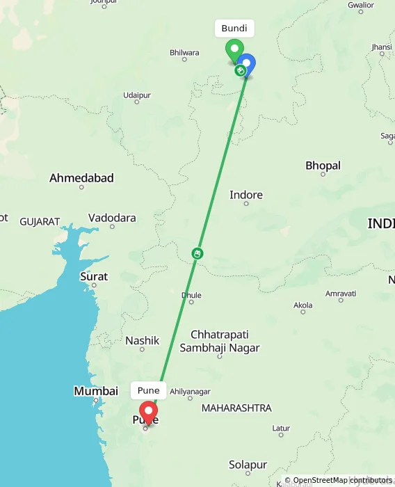 Route map showing distance and travel time from Bundi, India to Pune, India