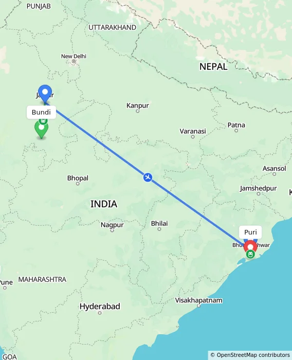Route map showing distance and travel time from Bundi, India to Puri, India
