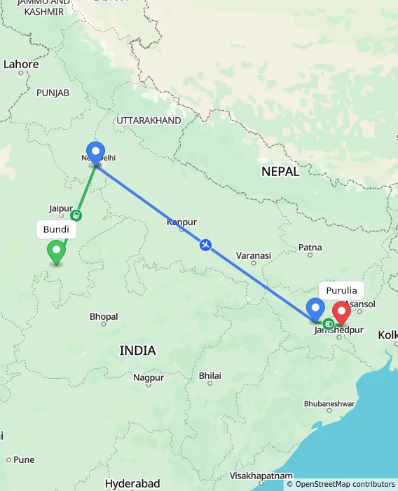 Route map showing distance and travel time from Bundi, India to Purulia, India