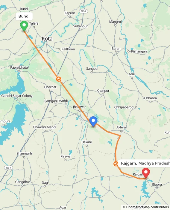 Route map showing distance and travel time from Bundi, India to Rajgarh, Madhya Pradesh, India