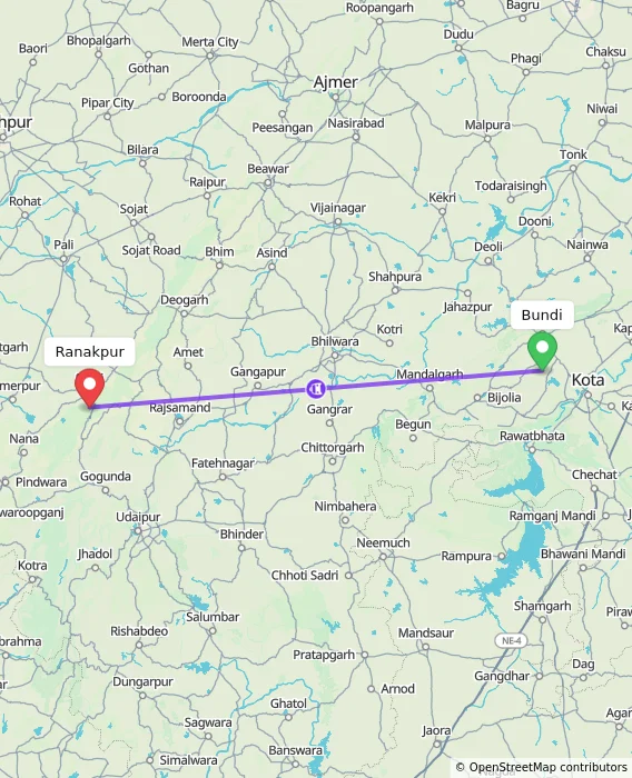 Route map showing distance and travel time from Bundi, India to Ranakpur, India