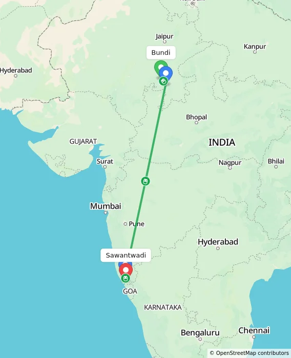 Route map showing distance and travel time from Bundi, India to Sawantwadi, India