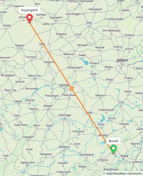 Route map showing distance and travel time from Bundi, India to Sujangarh, India