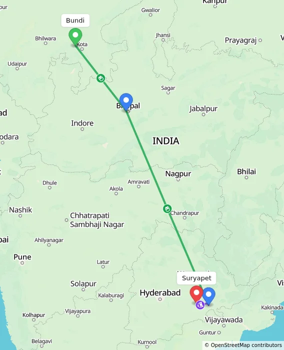 Route map showing distance and travel time from Bundi, India to Suryapet, India