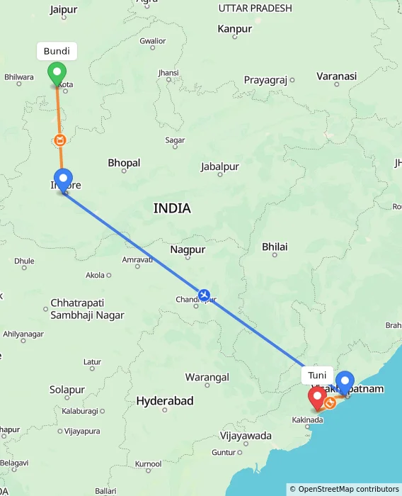 Route map showing distance and travel time from Bundi, India to Tuni, India