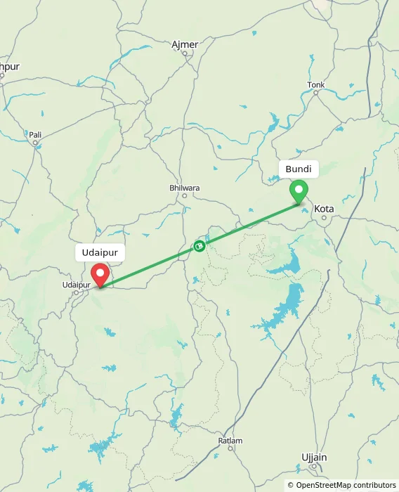 Route map showing distance and travel time from Bundi, India to Udaipur, India