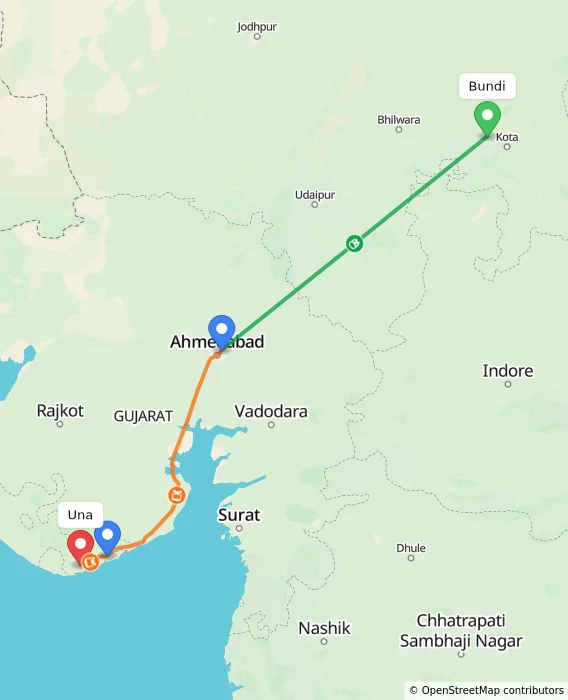 Route map showing distance and travel time from Bundi, India to Una, India
