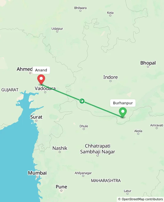 Route map showing distance and travel time from Burhanpur, India to Anand, India