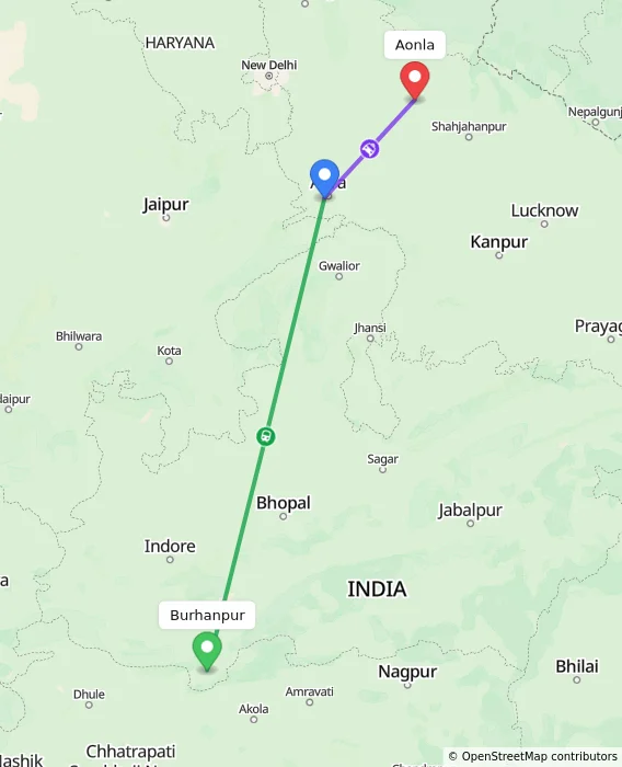 Route map showing distance and travel time from Burhanpur, India to Aonla, India