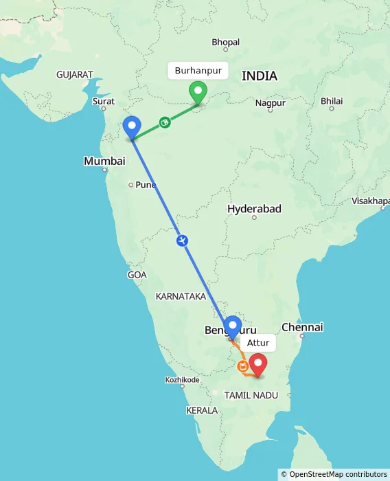 Route map showing distance and travel time from Burhanpur, India to Attur, India