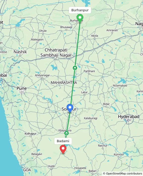 Route map showing distance and travel time from Burhanpur, India to Badami, India