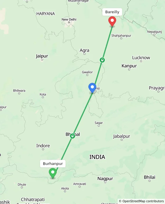 Route map showing distance and travel time from Burhanpur, India to Bareilly, India