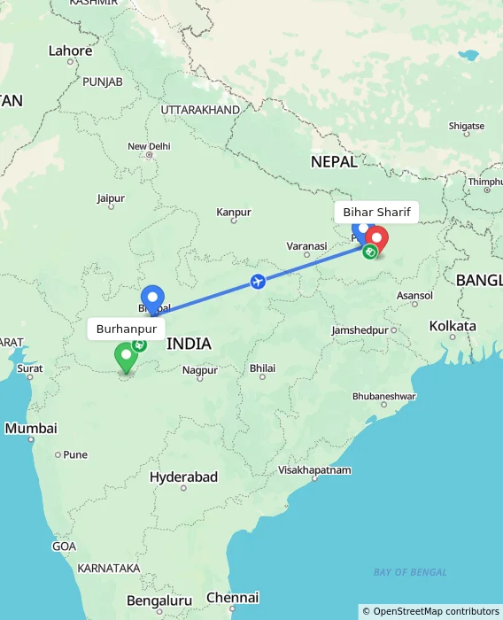 Route map showing distance and travel time from Burhanpur, India to Bihar Sharif, India