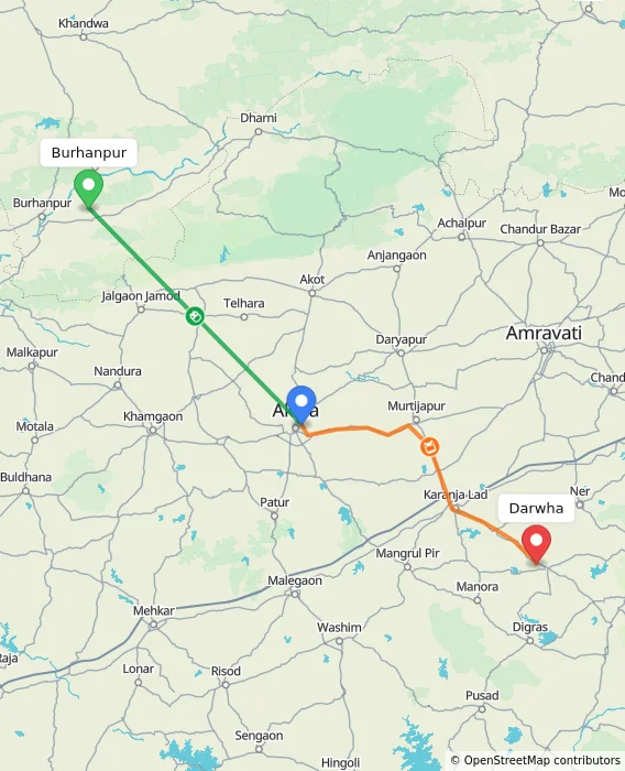 Route map showing distance and travel time from Burhanpur, India to Darwha, India