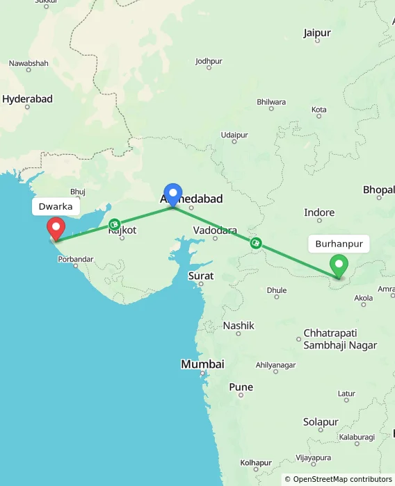 Route map showing distance and travel time from Burhanpur, India to Dwarka, India