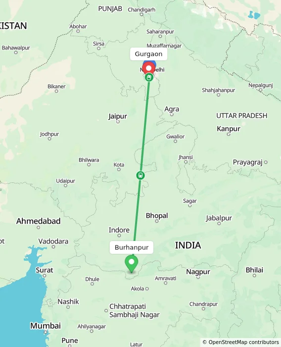Route map showing distance and travel time from Burhanpur, India to Gurgaon, India