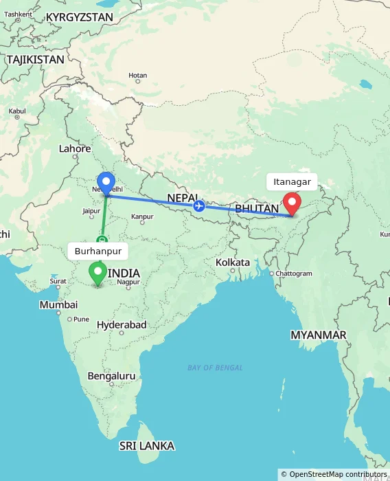 Route map showing distance and travel time from Burhanpur, India to Itanagar, India