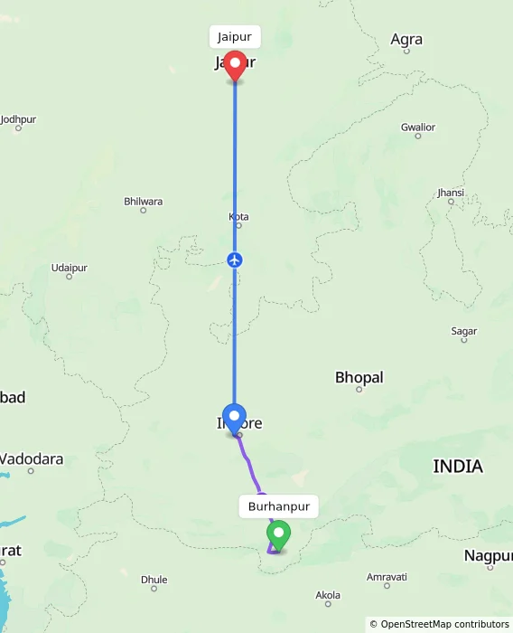Route map showing distance and travel time from Burhanpur, India to Jaipur, India