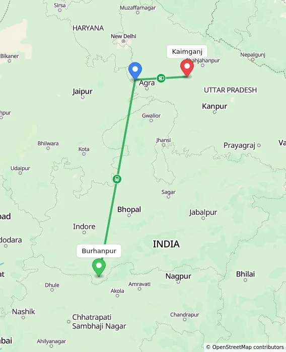 Route map showing distance and travel time from Burhanpur, India to Kaimganj, India