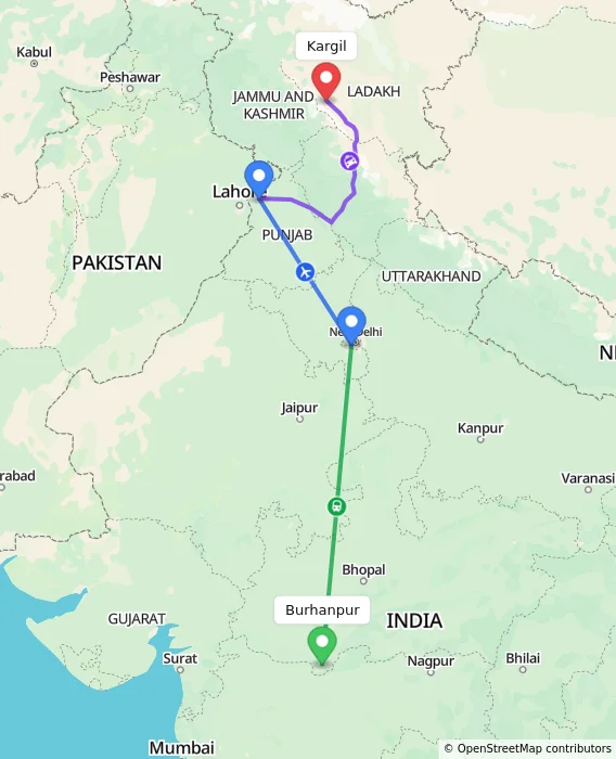Route map showing distance and travel time from Burhanpur, India to Kargil, India