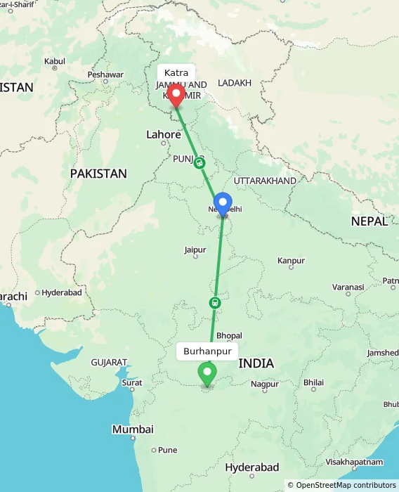 Route map showing distance and travel time from Burhanpur, India to Katra, India