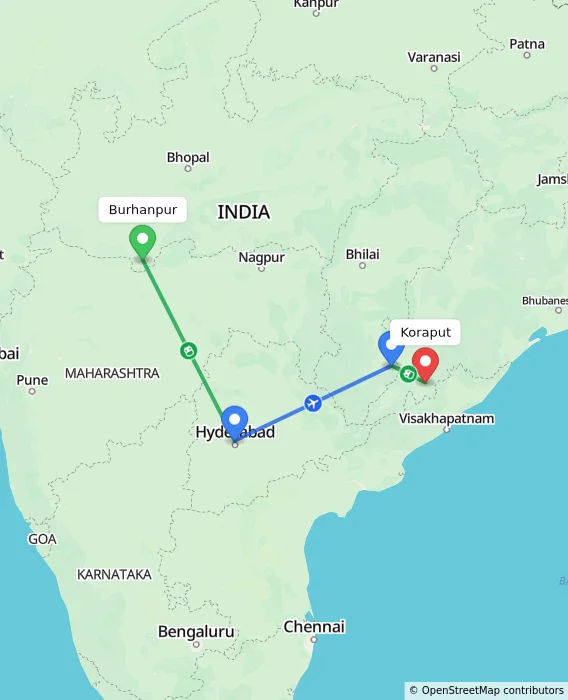 Route map showing distance and travel time from Burhanpur, India to Koraput, India