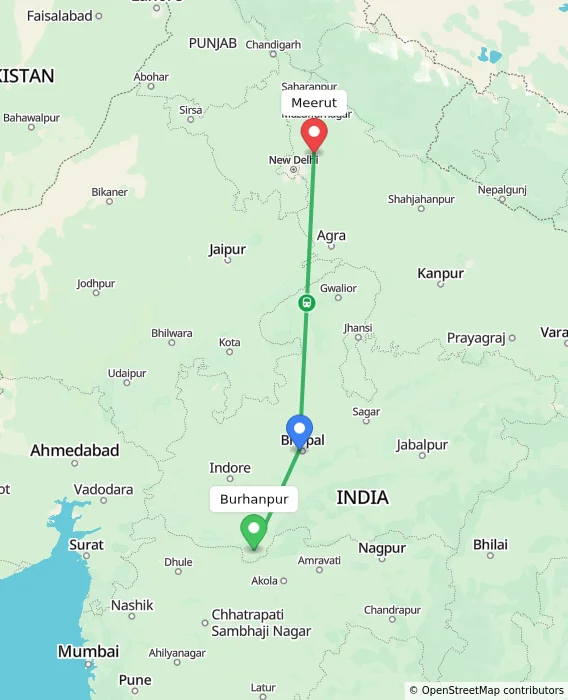 Route map showing distance and travel time from Burhanpur, India to Meerut, India