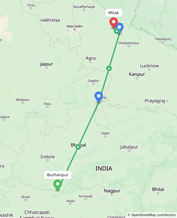 Route map showing distance and travel time from Burhanpur, India to Milak, India