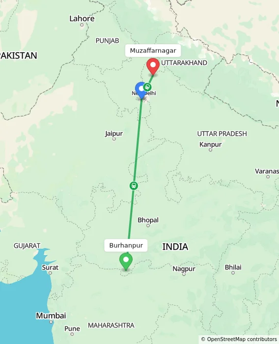 Route map showing distance and travel time from Burhanpur, India to Muzaffarnagar, India