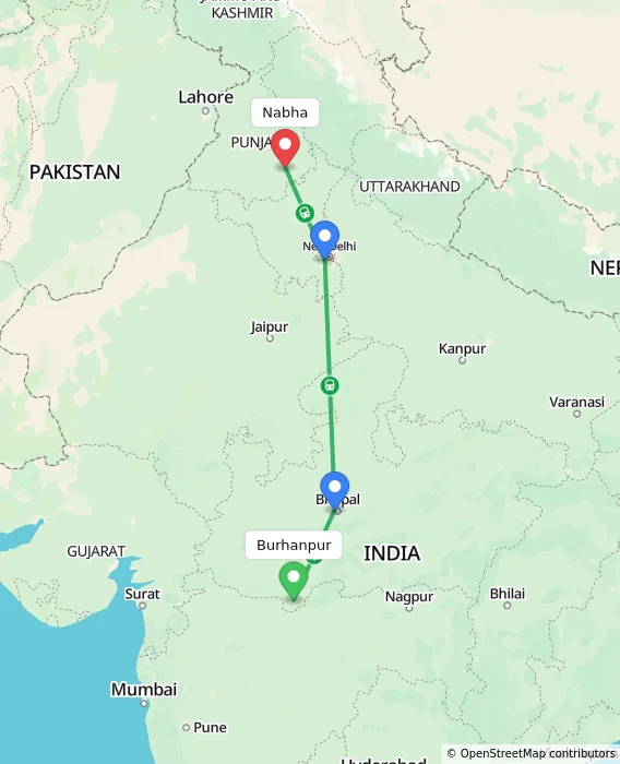 Route map showing distance and travel time from Burhanpur, India to Nabha, India