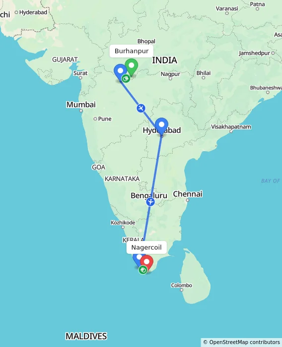 Route map showing distance and travel time from Burhanpur, India to Nagercoil, India