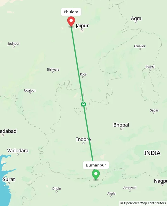 Route map showing distance and travel time from Burhanpur, India to Phulera, India