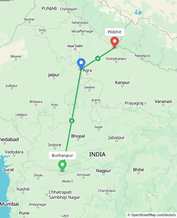 Route map showing distance and travel time from Burhanpur, India to Pilibhit, India