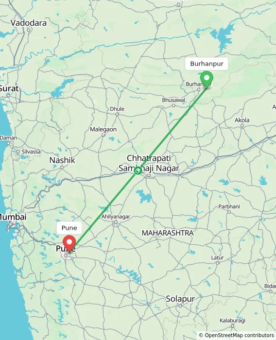 Route map showing distance and travel time from Burhanpur, India to Pune, India