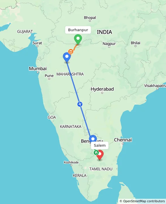 Route map showing distance and travel time from Burhanpur, India to Salem, India