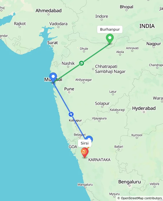 Route map showing distance and travel time from Burhanpur, India to Sirsi, India