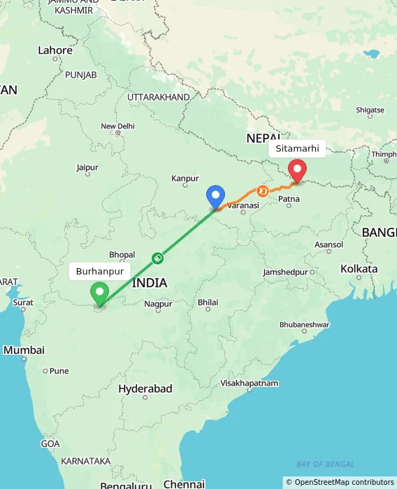Route map showing distance and travel time from Burhanpur, India to Sitamarhi, India