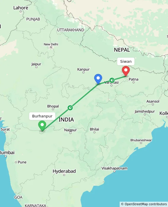 Route map showing distance and travel time from Burhanpur, India to Siwan, India