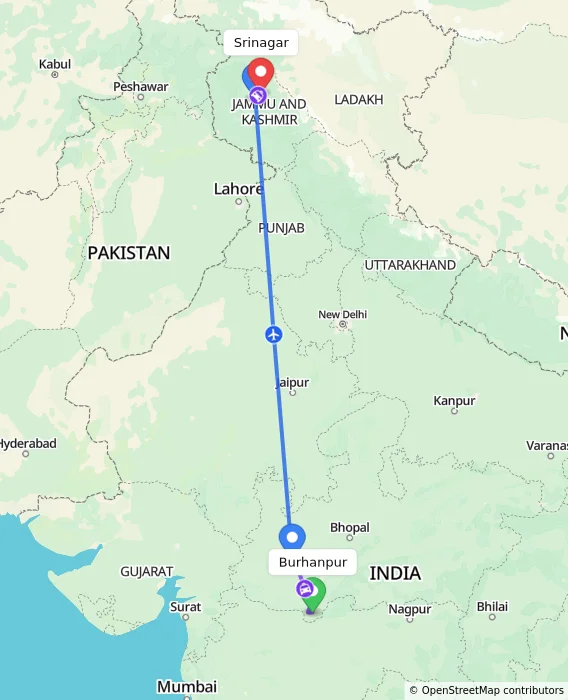 Route map showing distance and travel time from Burhanpur, India to Srinagar, India