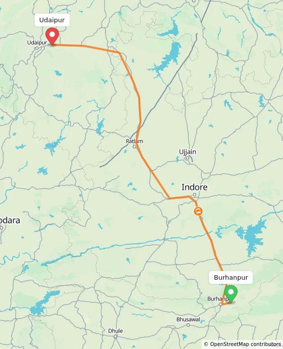 Route map showing distance and travel time from Burhanpur, India to Udaipur, India